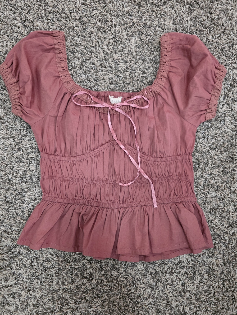 Smocked Peplum Blouse with Tie-Front in Dusty Rose